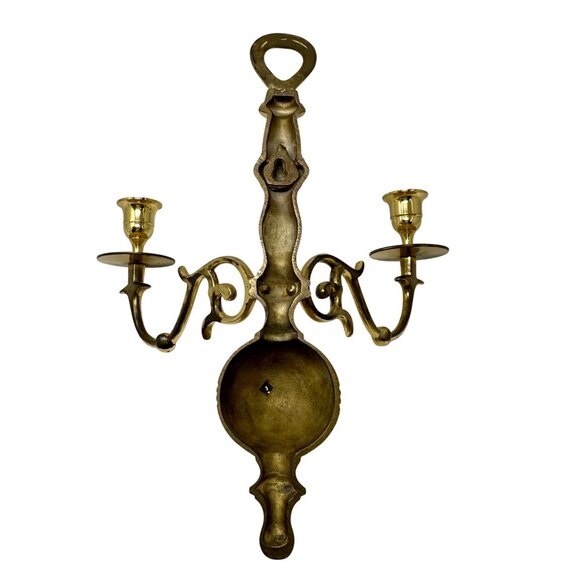 Vintage Brass Double Arm Wall Candle Holder MCM Hollywood Regency Decor 12 Inch - Picture 2 of 16